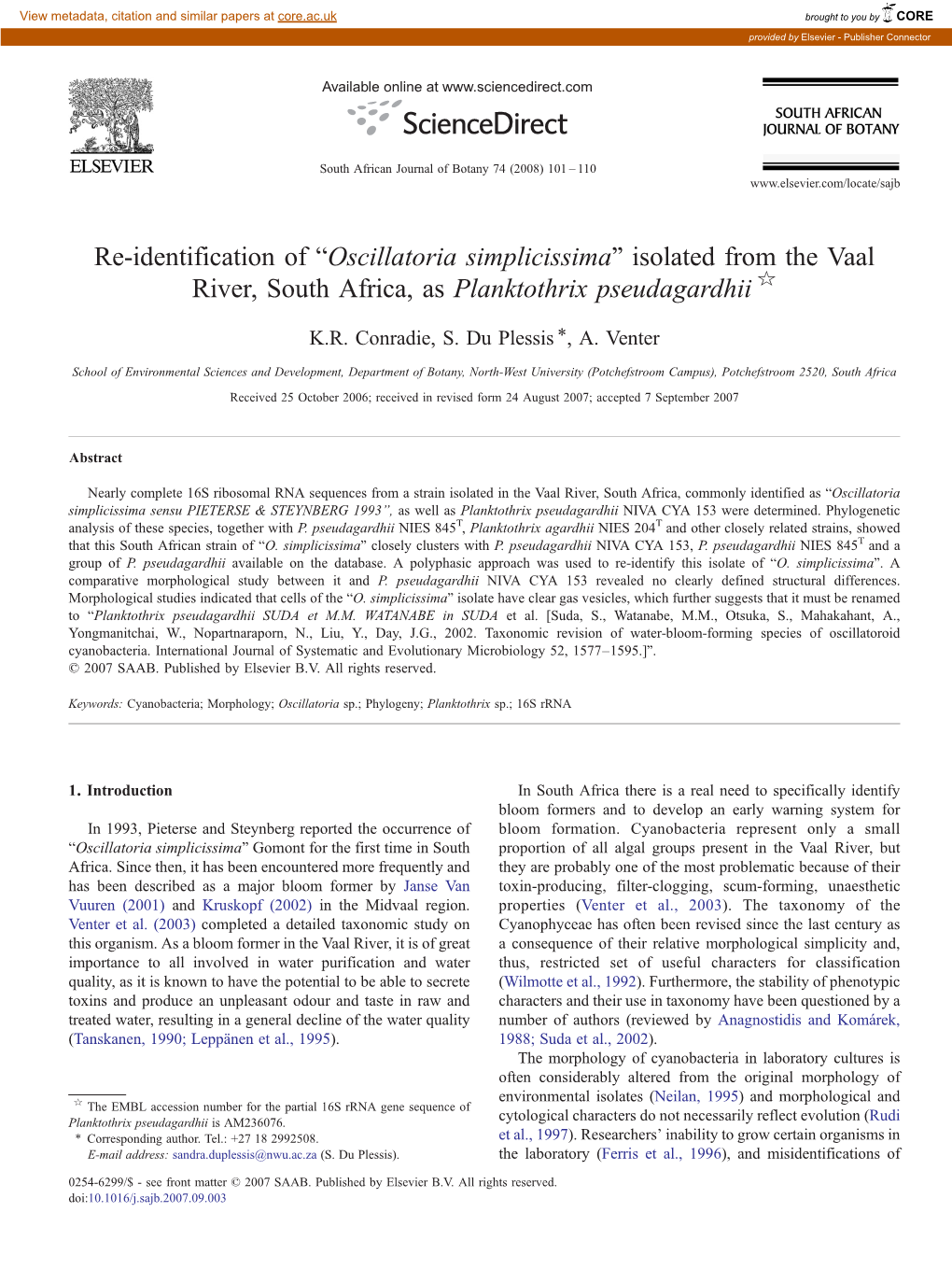 “Oscillatoria Simplicissima” Isolated from the Vaal River, South Africa, As Planktothrix Pseudagardhii ☆ ⁎ K.R