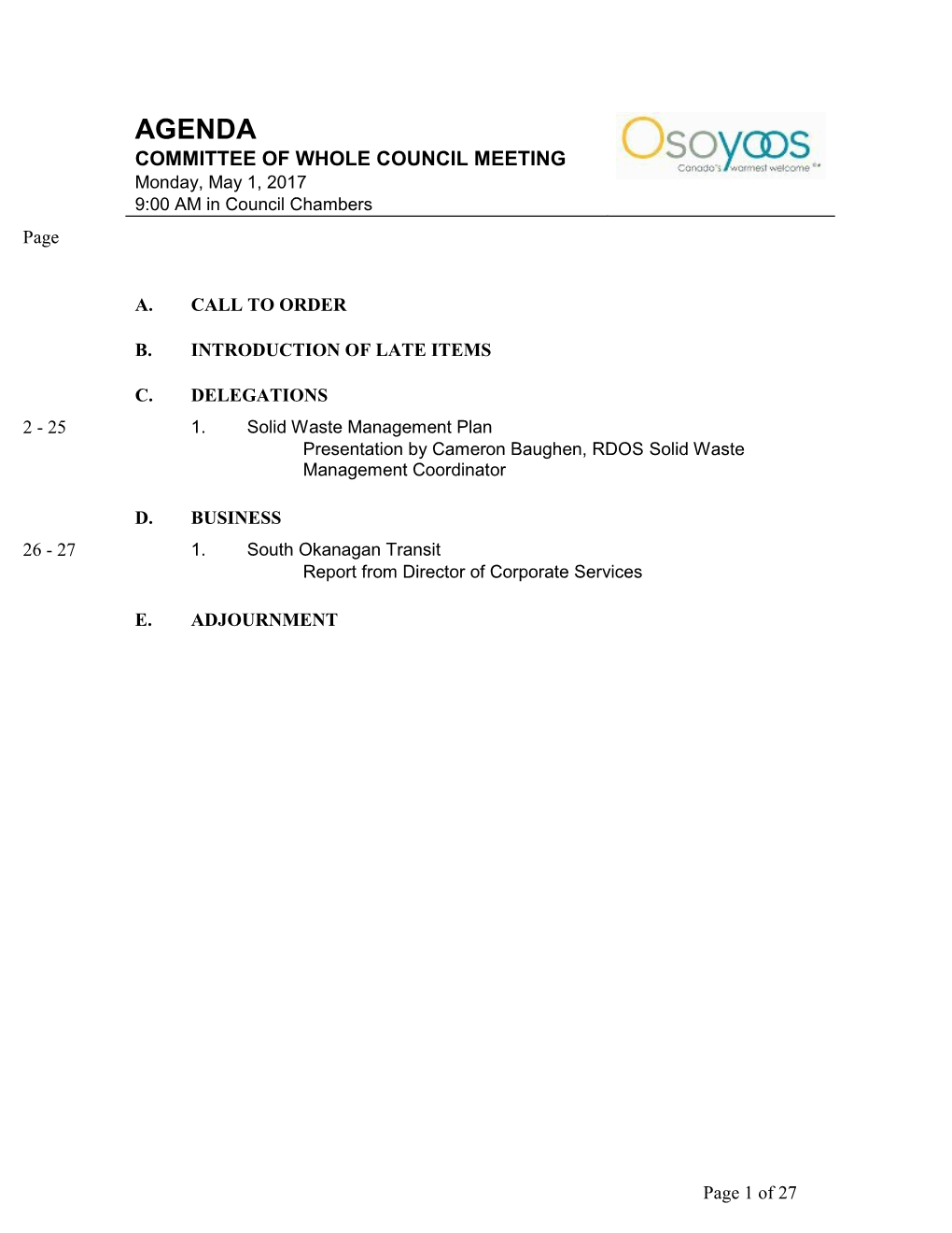 Committee of the Whole Agenda for the Meeting Held on Monday, May 1St, 2017