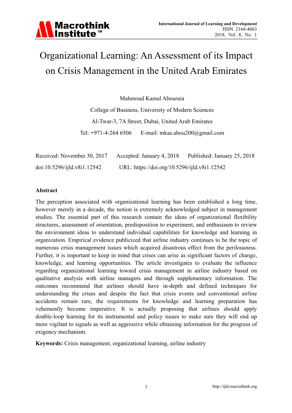 Organizational Learning: an Assessment of Its Impact on Crisis Management in the United Arab Emirates