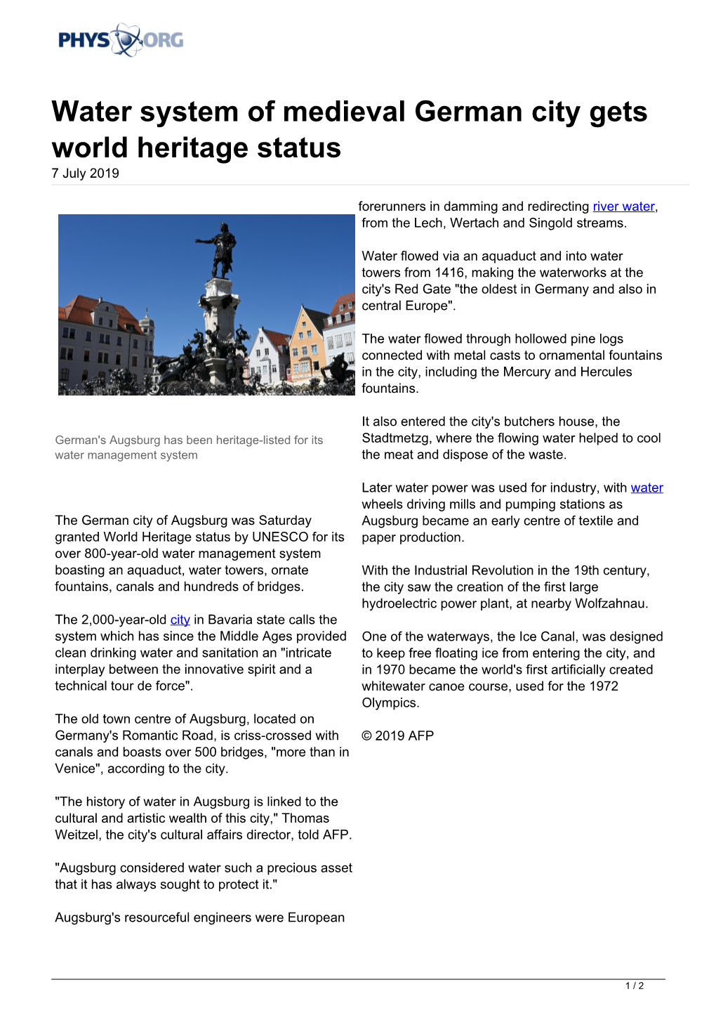 Water System of Medieval German City Gets World Heritage Status 7 July 2019