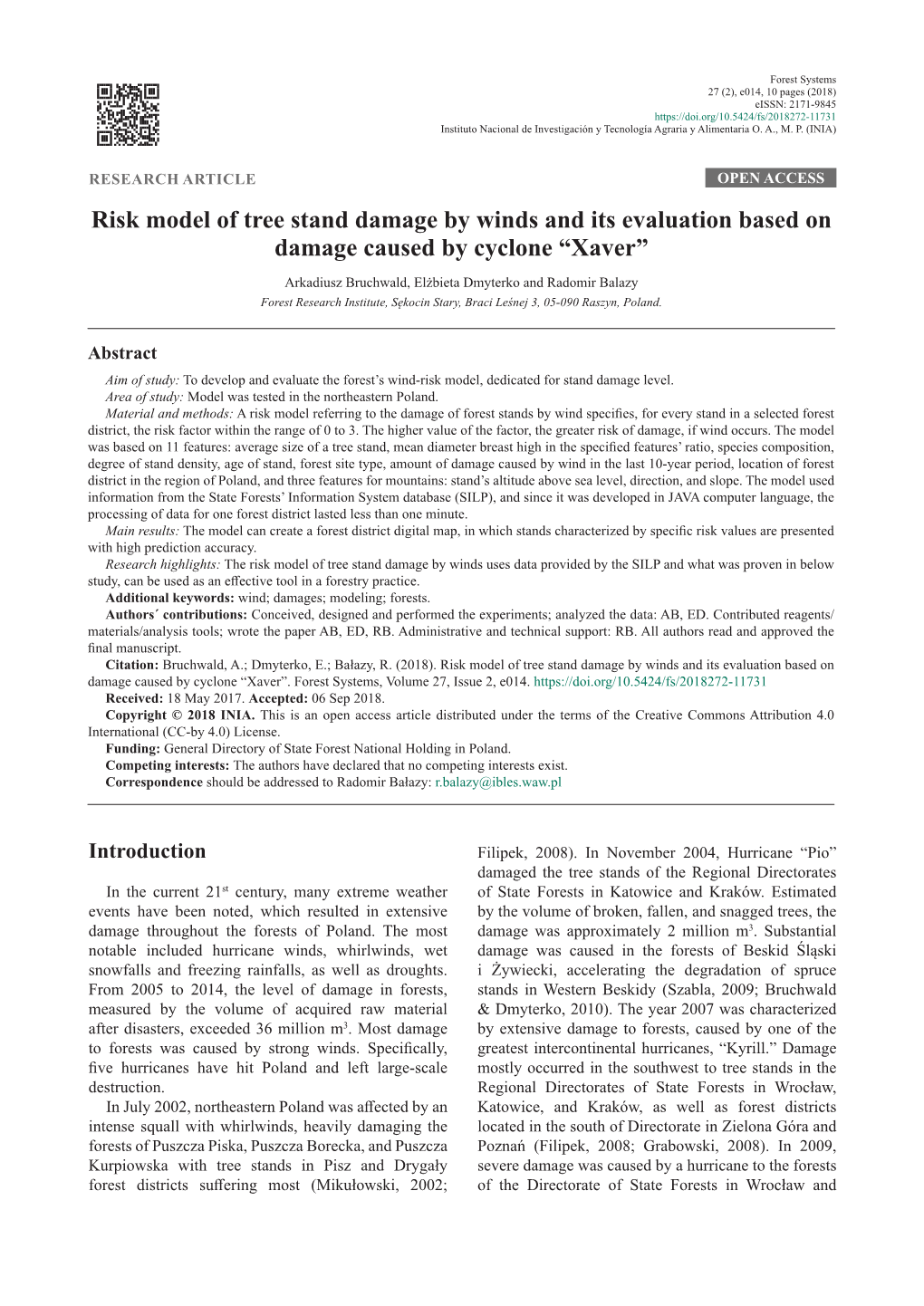 Risk Model of Tree Stand Damage by Winds and Its Evaluation Based On