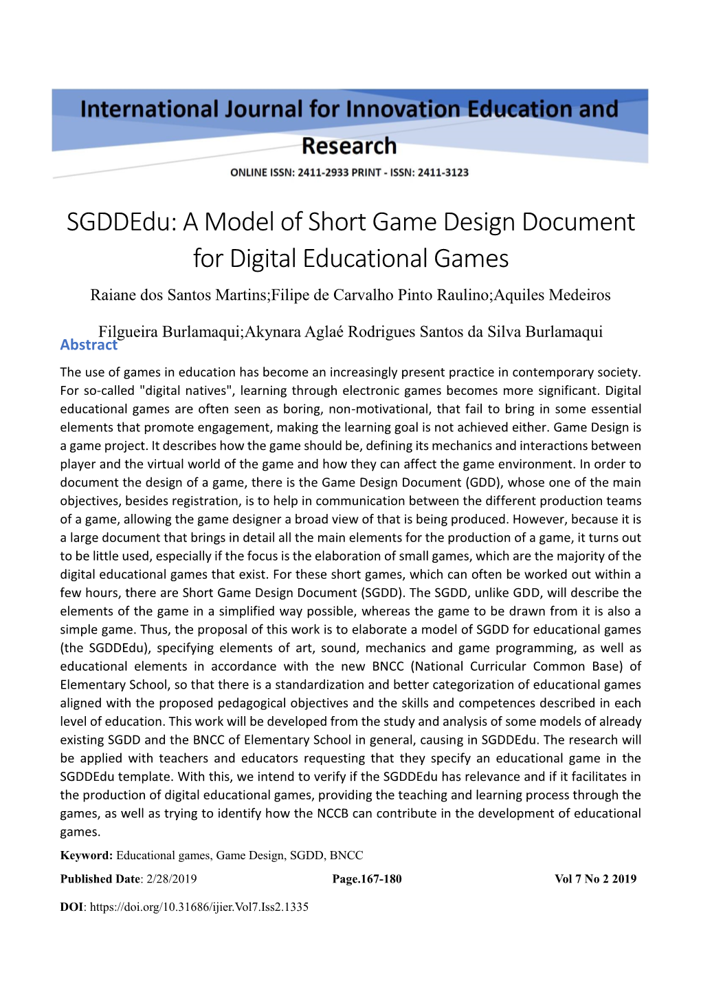 A Model of Short Game Design Document for Digital Educational Games