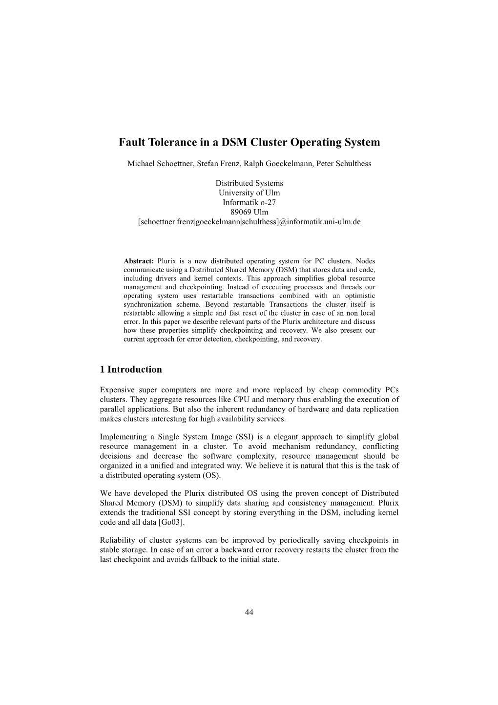 Fault Tolerance in a DSM Cluster Operating System