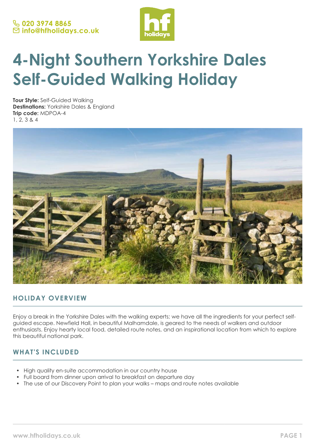 4-Night Southern Yorkshire Dales Self-Guided Walking Holiday