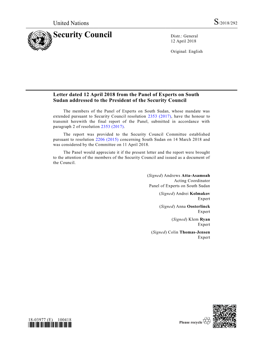 South Sudan Addressed to the President of the Security Council