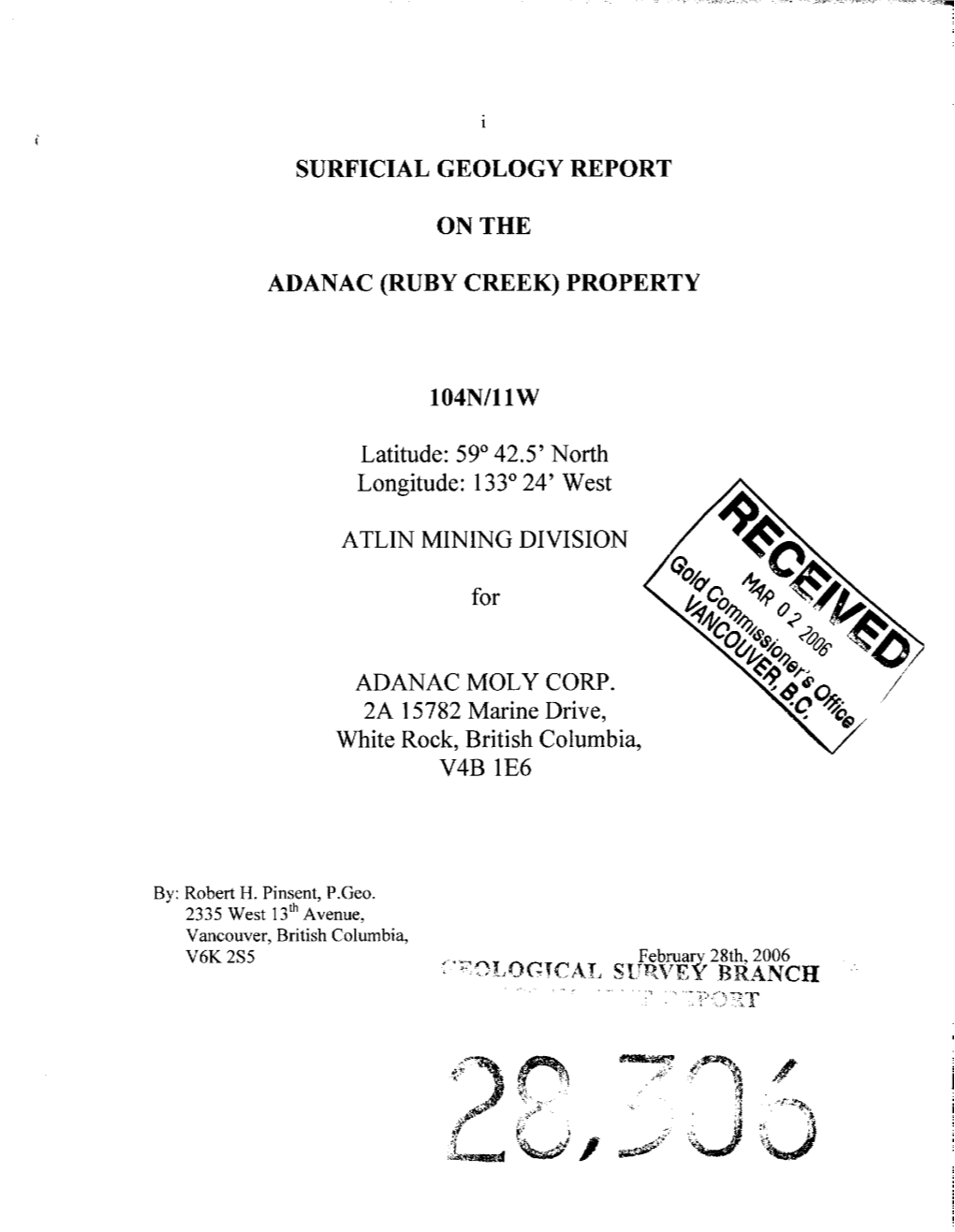 Surficial Geology Report on the Adanac (Ruby Creek