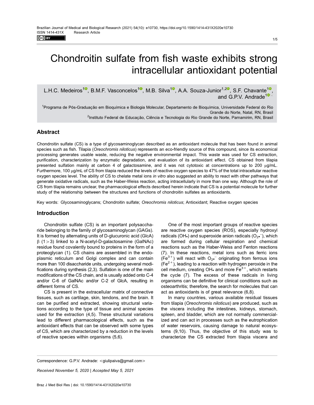 Chondroitin Sulfate from Fish Waste Exhibits Strong Intracellular Antioxidant Potential