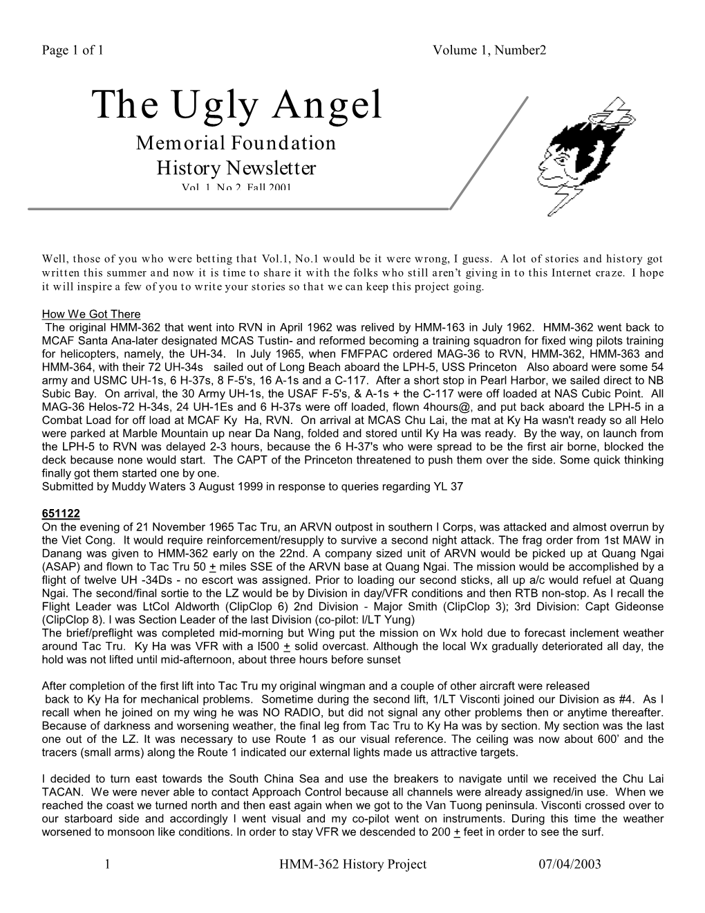 The Ugly Angel Memorial Foundation History Newsletter Vol