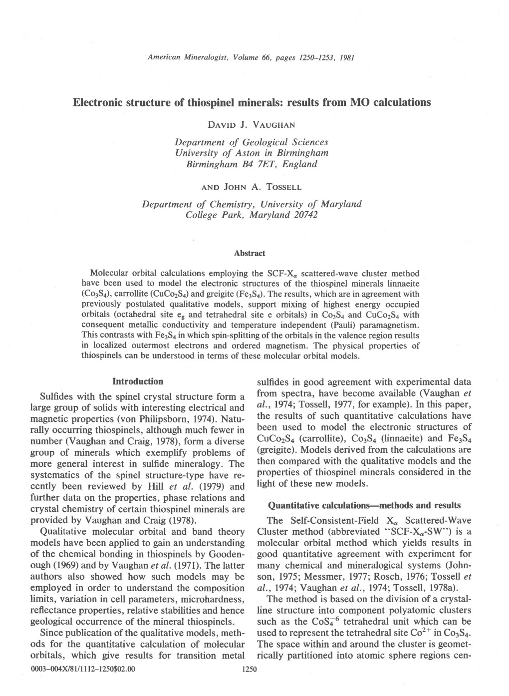 Electronic Structure of Thiospinel Minerals: Results from MO Calculations