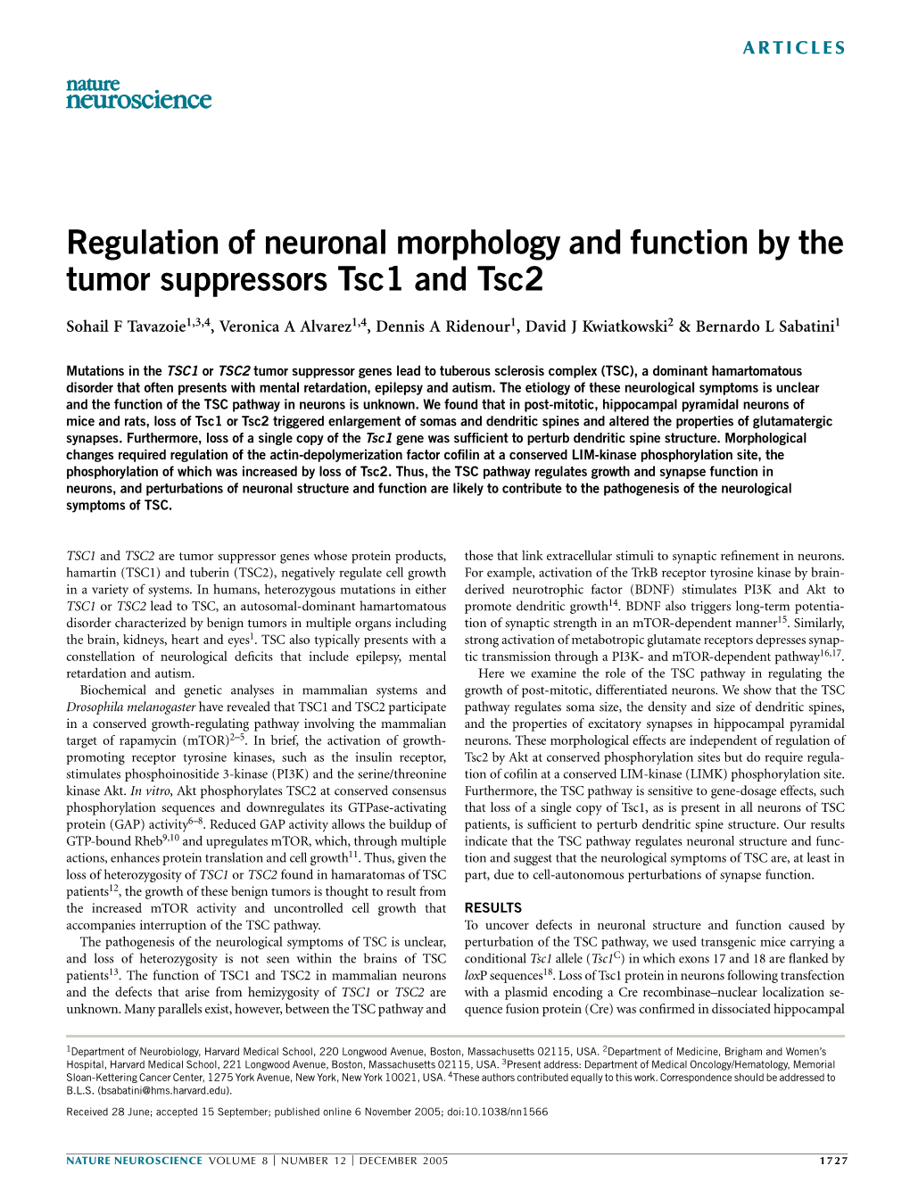 Regulation of Neuronal Morphology and Function by the Tumor Suppressors Tsc1 and Tsc2