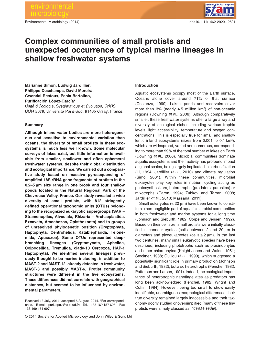 Complex Communities of Small Protists and Unexpected Occurrence of Typical Marine Lineages in Shallow Freshwater Systems