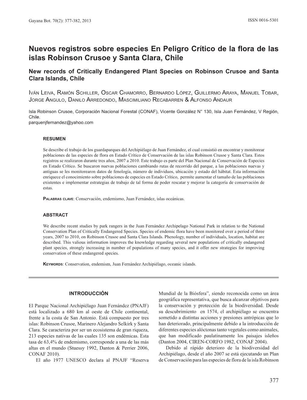 Nuevos Registros Sobre Especies En Peligro Crítico De La Flora De Las Islas Robinson Crusoe Y Santa Clara, Chile