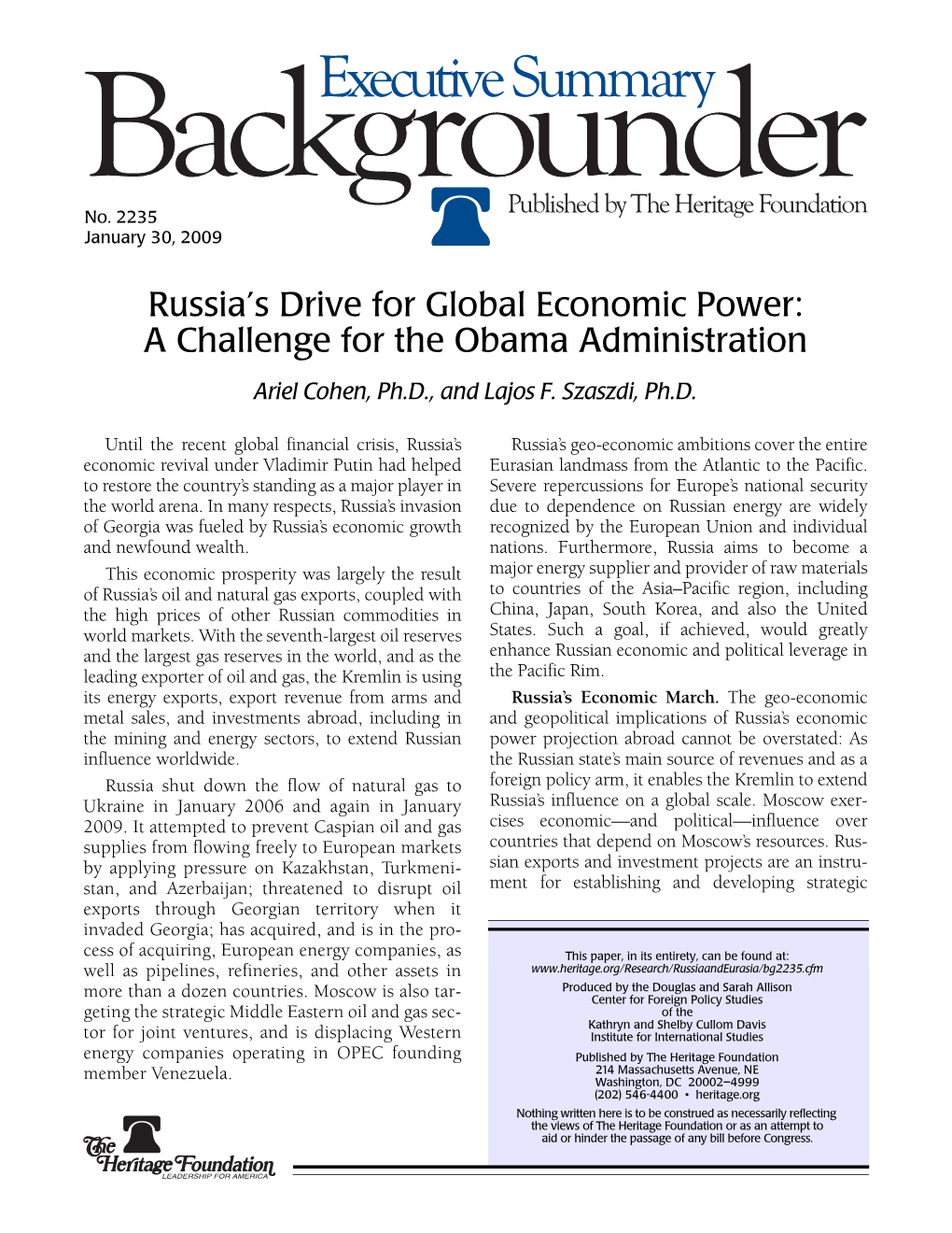 Russia's Drive for Global Economic Power: a Challenge for the Obama