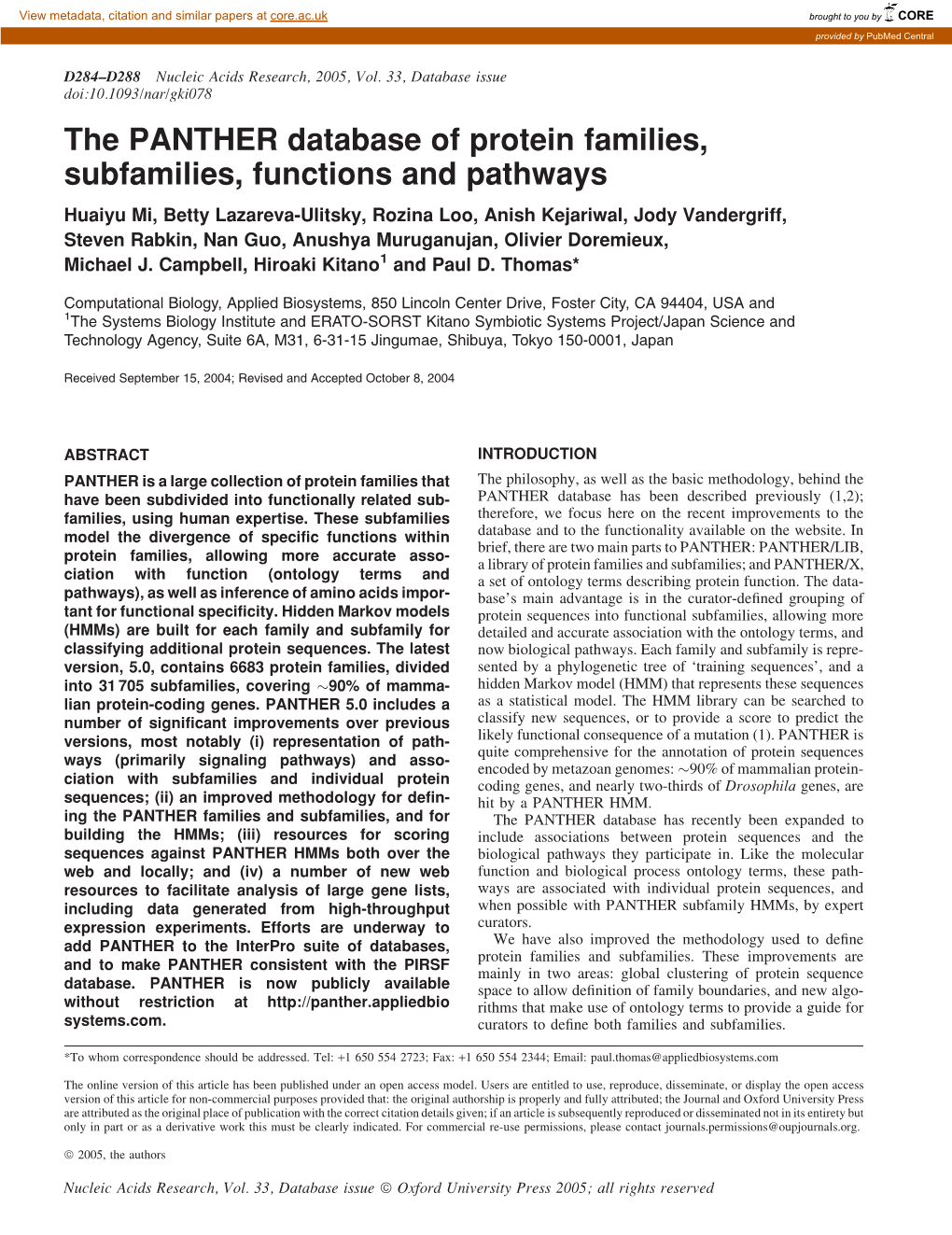 The PANTHER Database of Protein Families, Subfamilies, Functions and Pathways