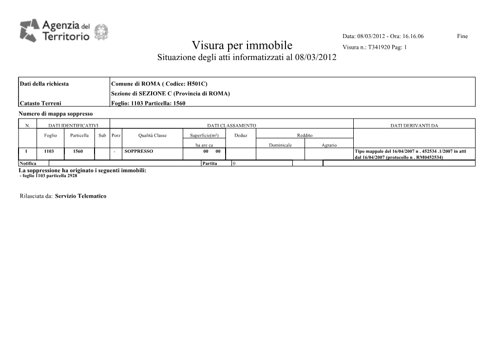 Visura Per Immobile Visura N.: T341920 Pag: 1 Situazione Degli Atti Informatizzati Al 08/03/2012