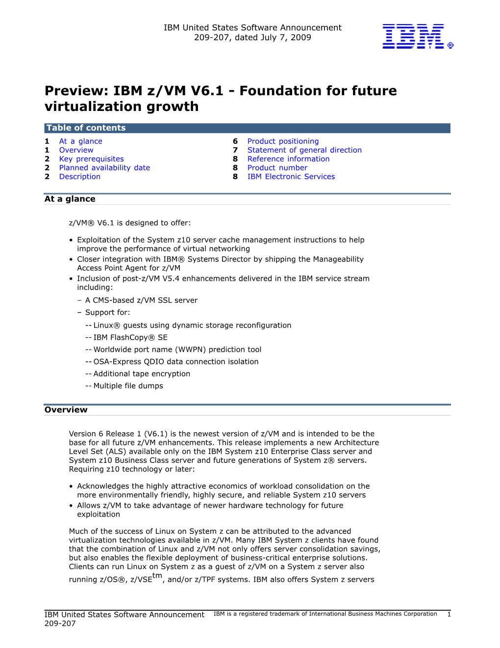 Preview: IBM Z/VM V6.1 - Foundation for Future Virtualization Growth