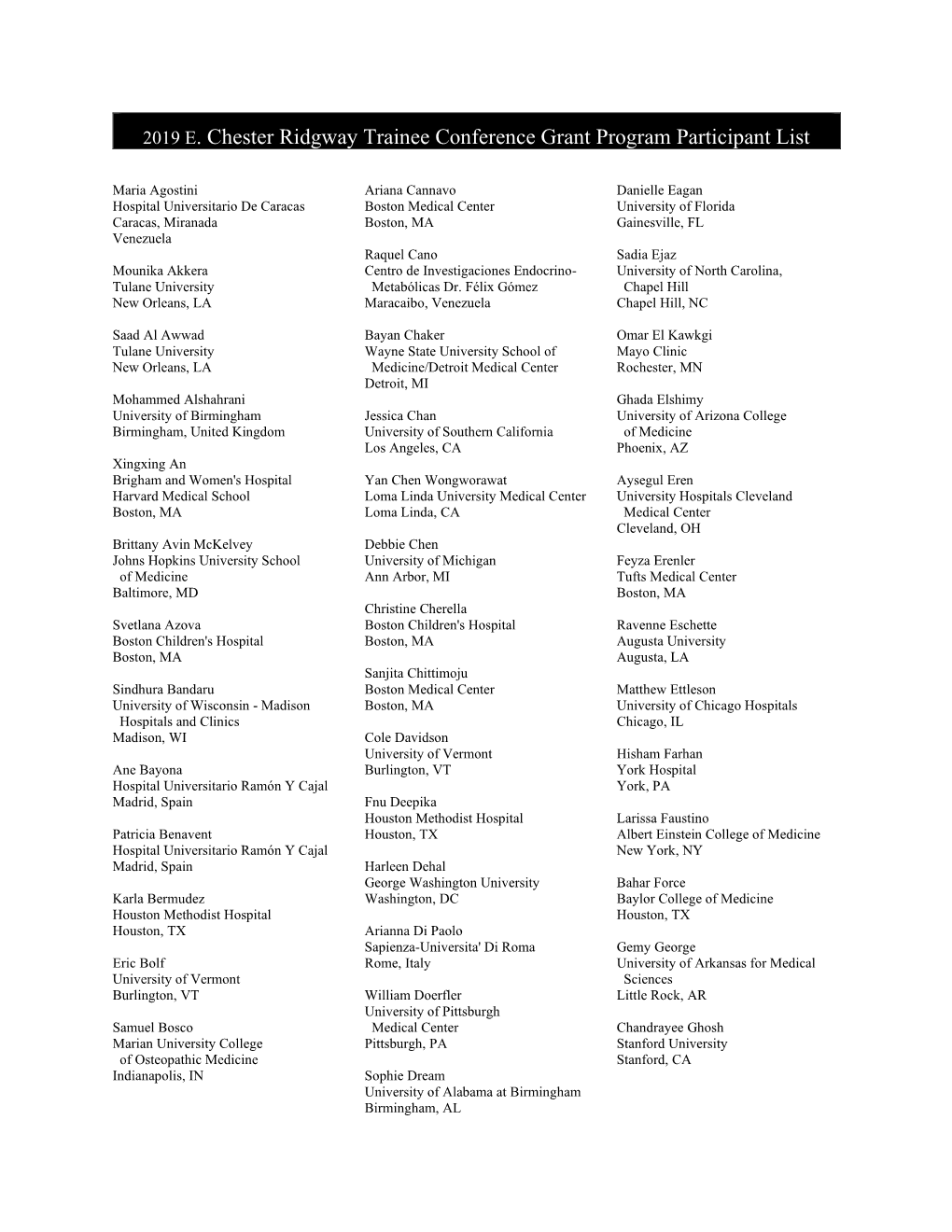 2019 E. Chester Ridgway Trainee Conference Recipients