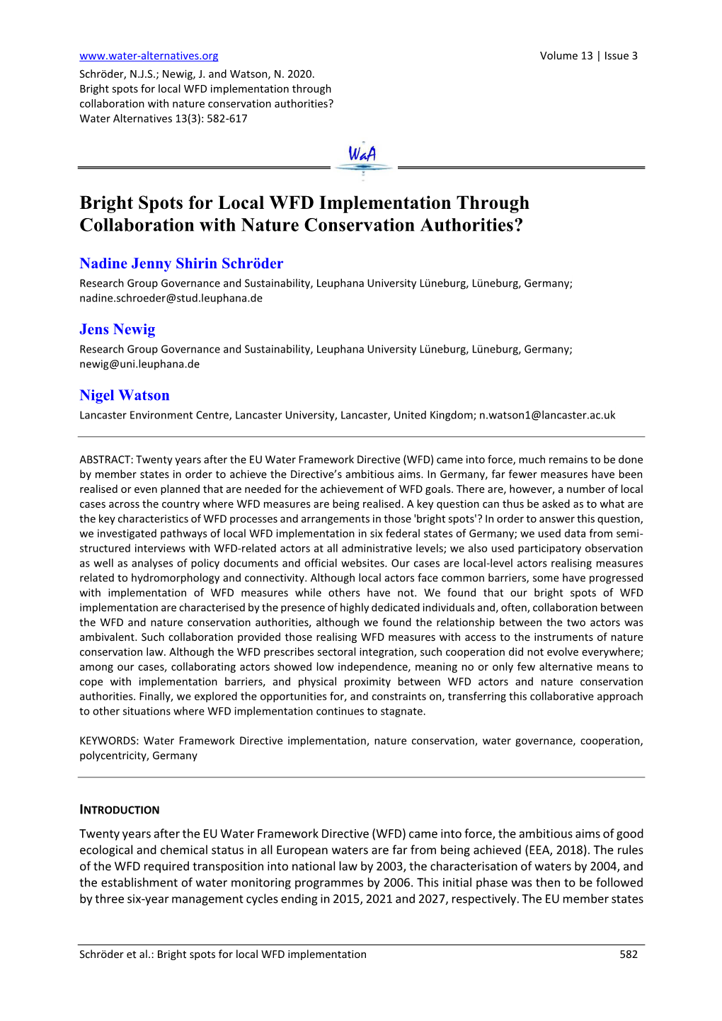 Bright Spots for Local WFD Implementation Through Collaboration with Nature Conservation Authorities? Water Alternatives 13(3): 582-617