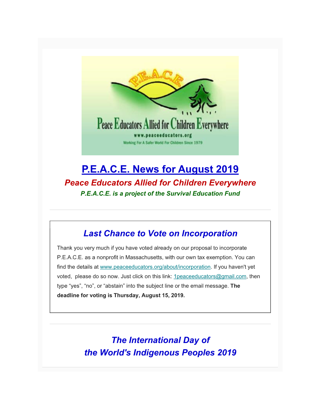 P.E.A.C.E. News for August 2019 Peace Educators Allied for Children Everywhere P.E.A.C.E