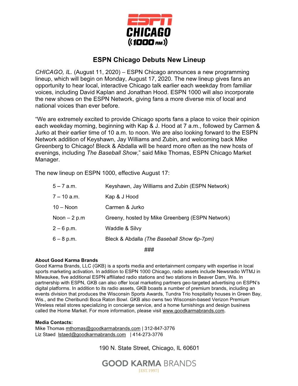 ESPN Chicago Debuts New Lineup