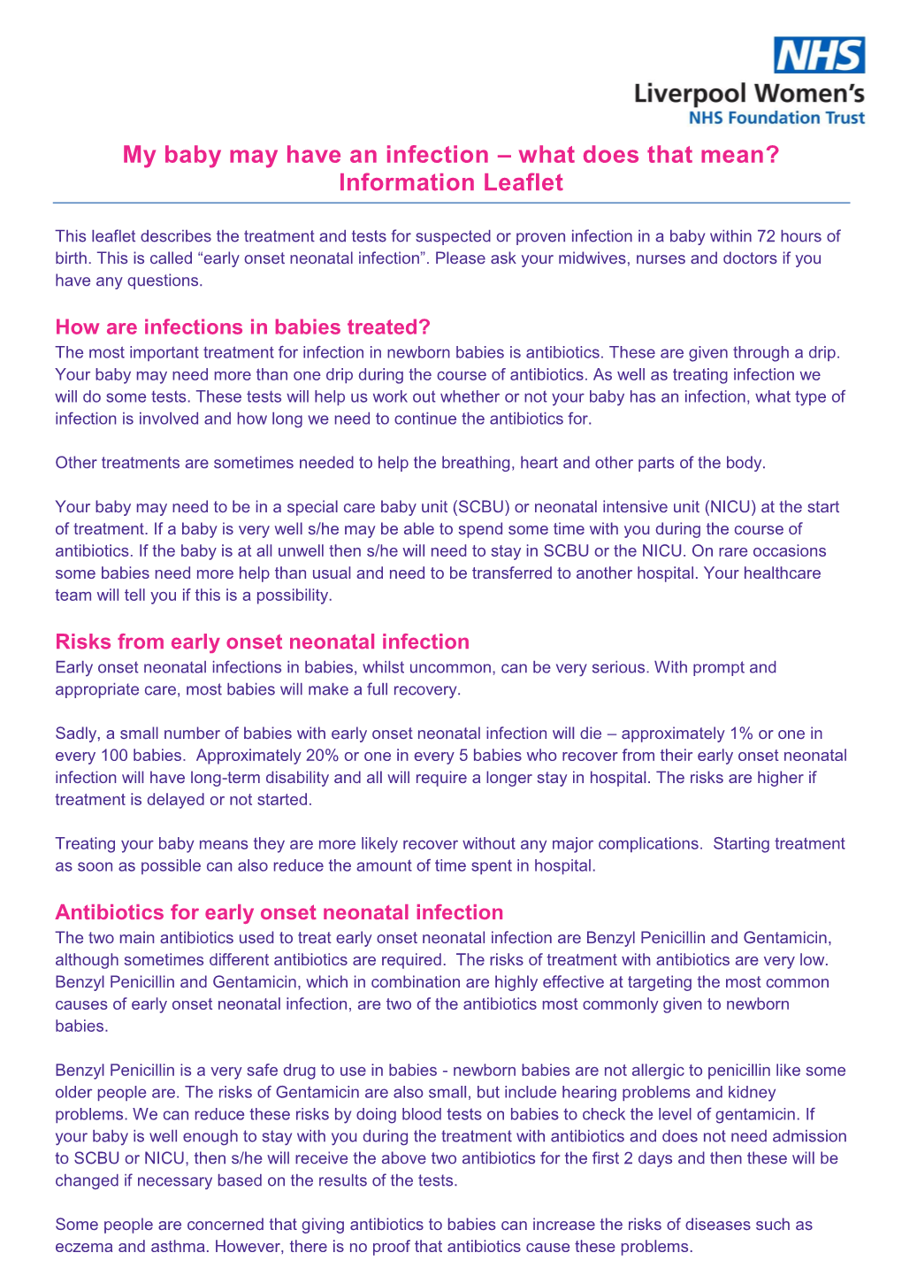 My Baby May Have an Infection – What Does That Mean? Information Leaflet