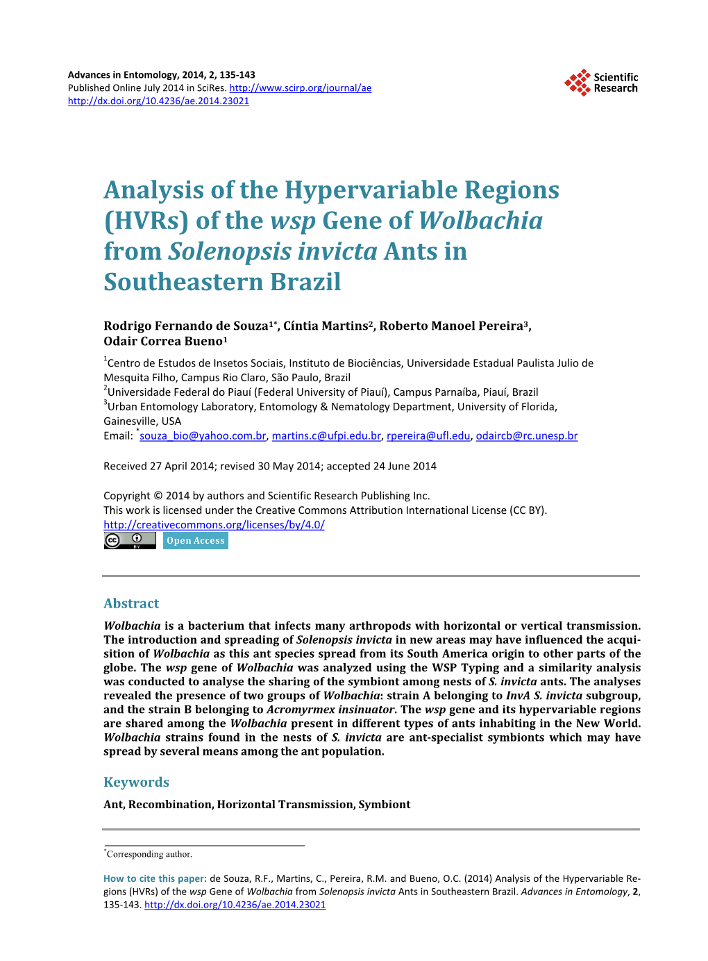 Of the Wsp Gene of Wolbachia from Solenopsis Invicta Ants in Southeastern Brazil