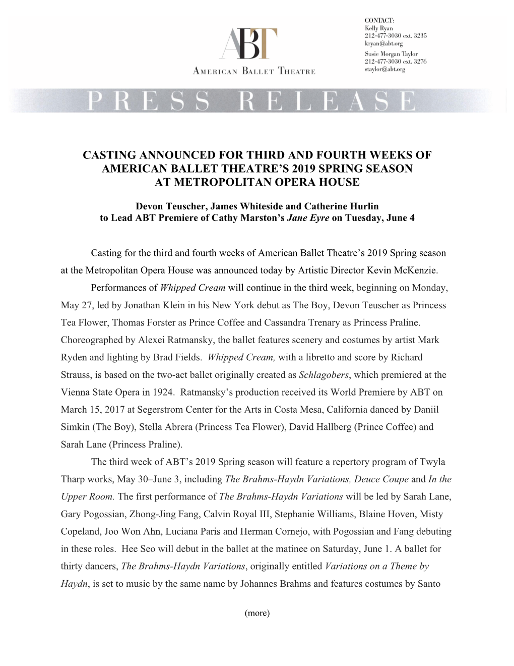 Casting Announced for Third and Fourth Weeks of American Ballet Theatre’S 2019 Spring Season at Metropolitan Opera House