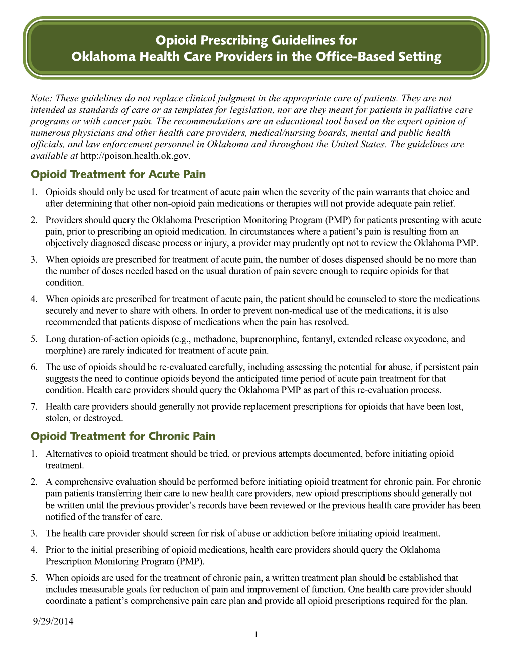 Opioid Prescribing Guidelines for Oklahoma Health Care Providers in the Office-Based Setting