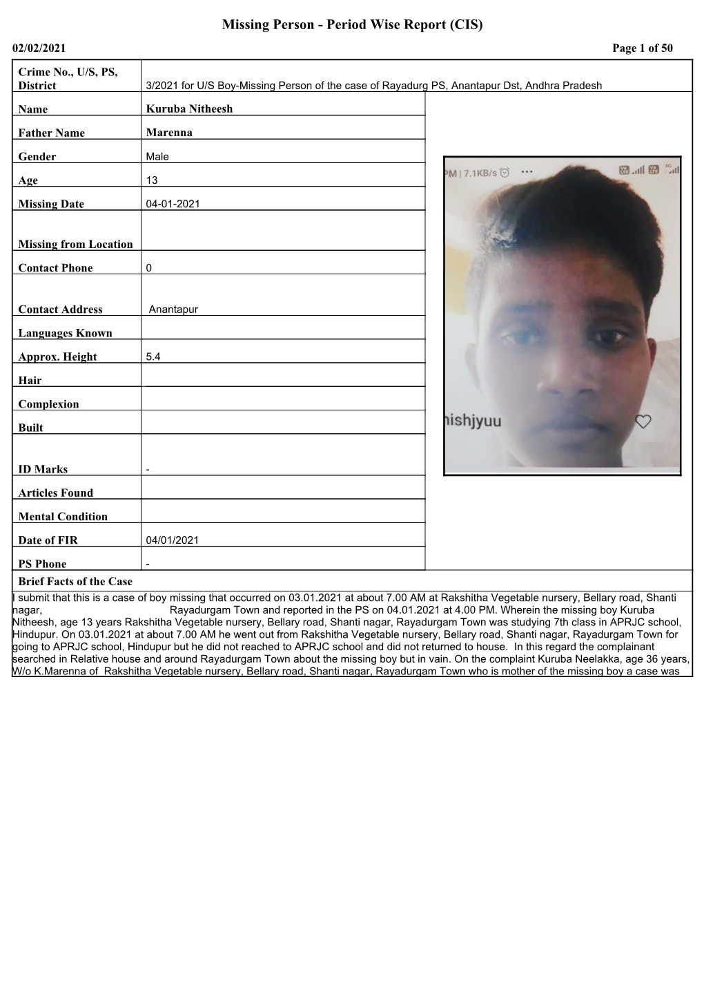 Missing Person - Period Wise Report (CIS) 02/02/2021 Page 1 of 50