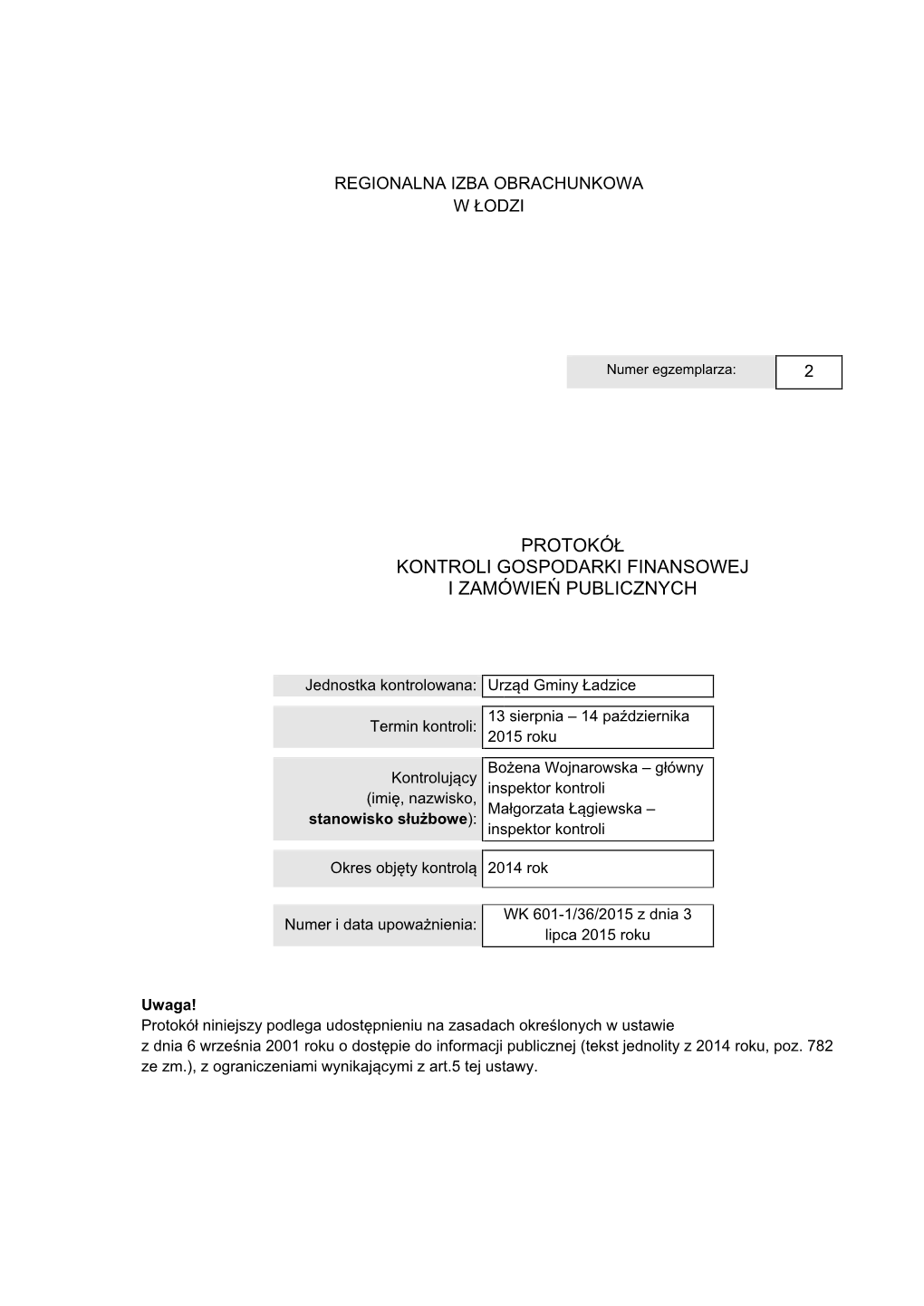 Protokół Kontroli Gospodarki Finansowej I Zamówień Publicznych