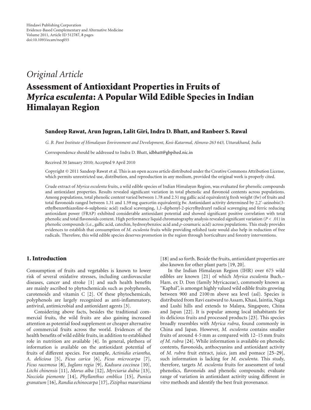 Assessment of Antioxidant Properties in Fruits of Myrica Esculenta: a Popular Wild Edible Species in Indian Himalayan Region