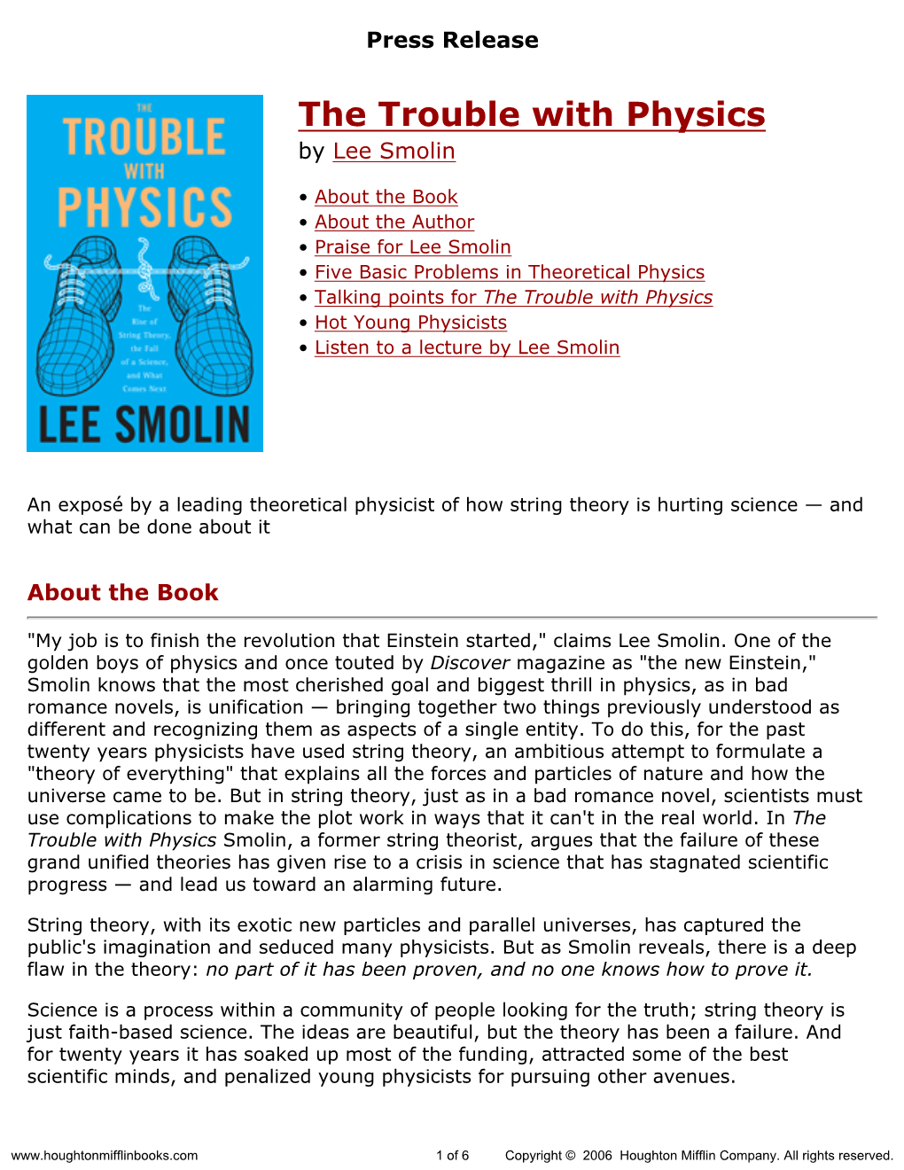 Press Release for the Trouble with Physics Published by Houghton