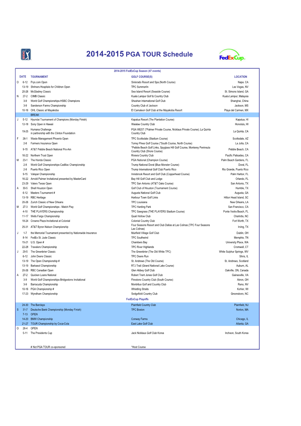 2014-15 PGA TOUR Schedule