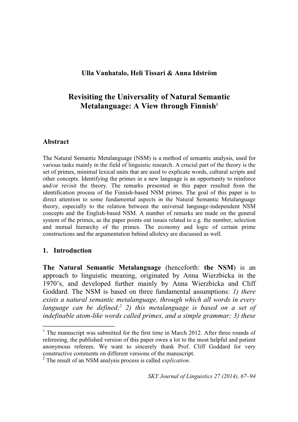 Revisiting the Universality of Natural Semantic Metalanguage: a View Through Finnish1