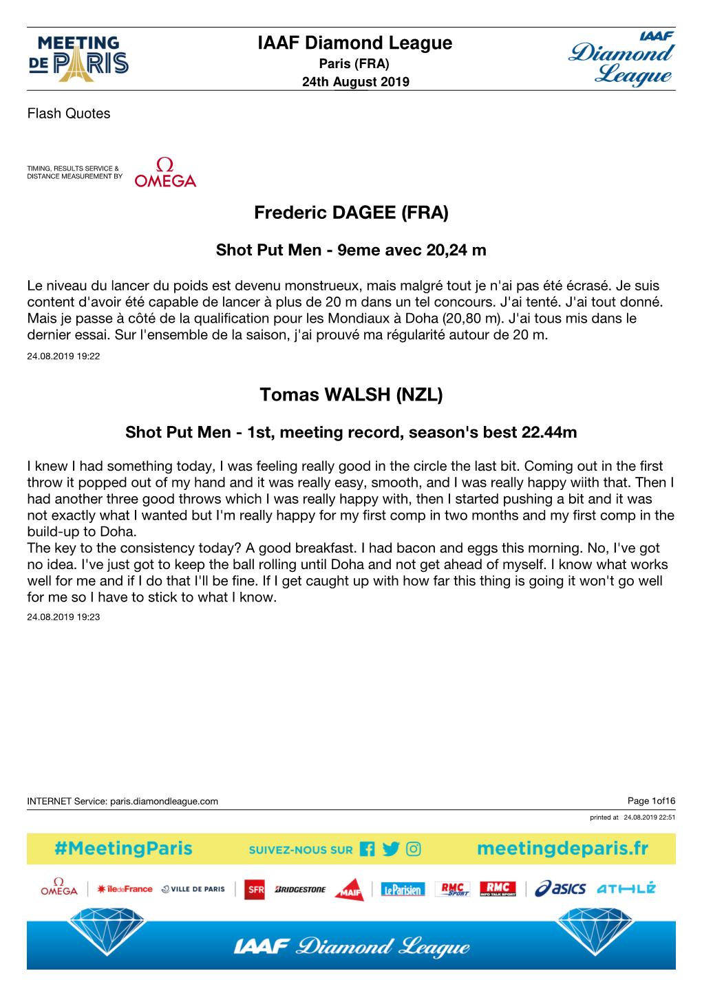 IAAF Diamond League Frederic DAGEE (FRA) Tomas WALSH (NZL)