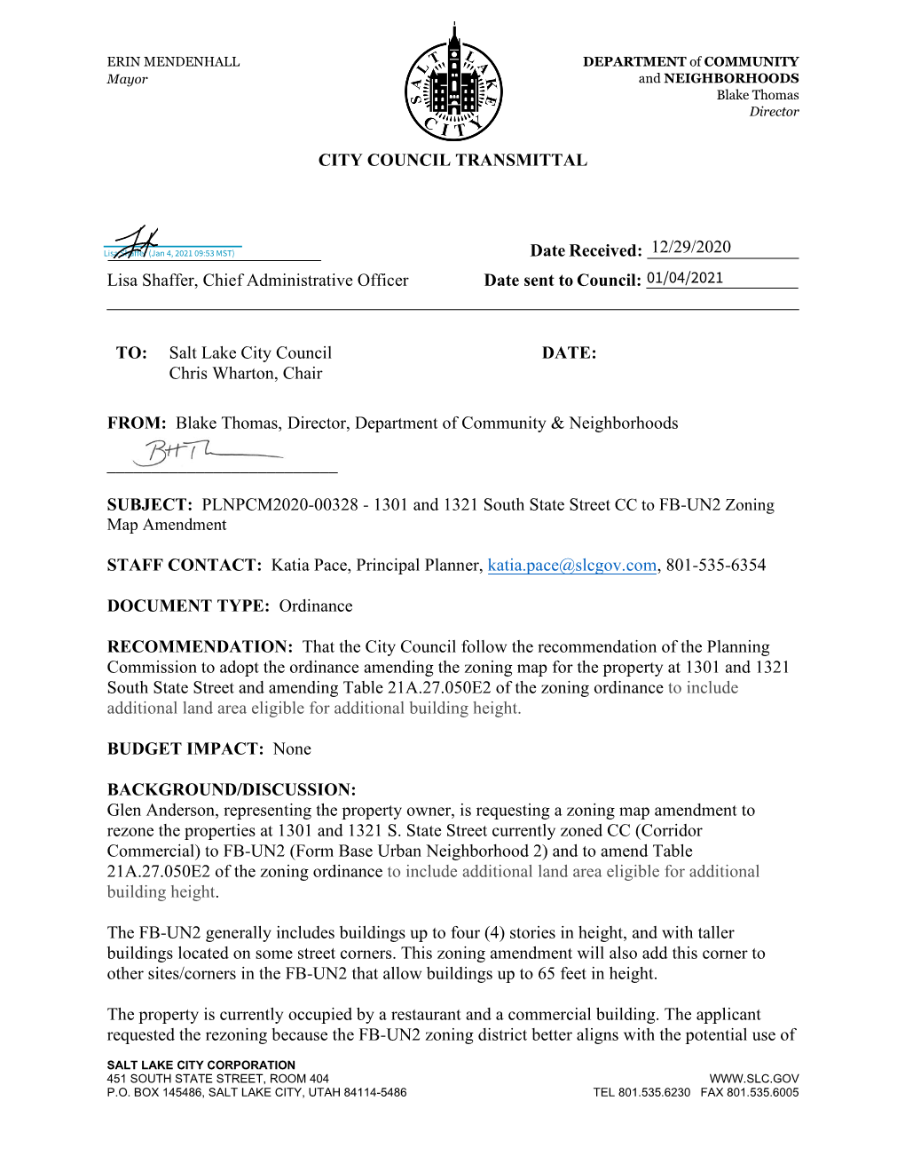 CITY COUNCIL TRANSMITTAL Date Received: Lisa Shaffer, Chief Administrative Officer Date Sent to Council: TO: Salt Lake City Coun