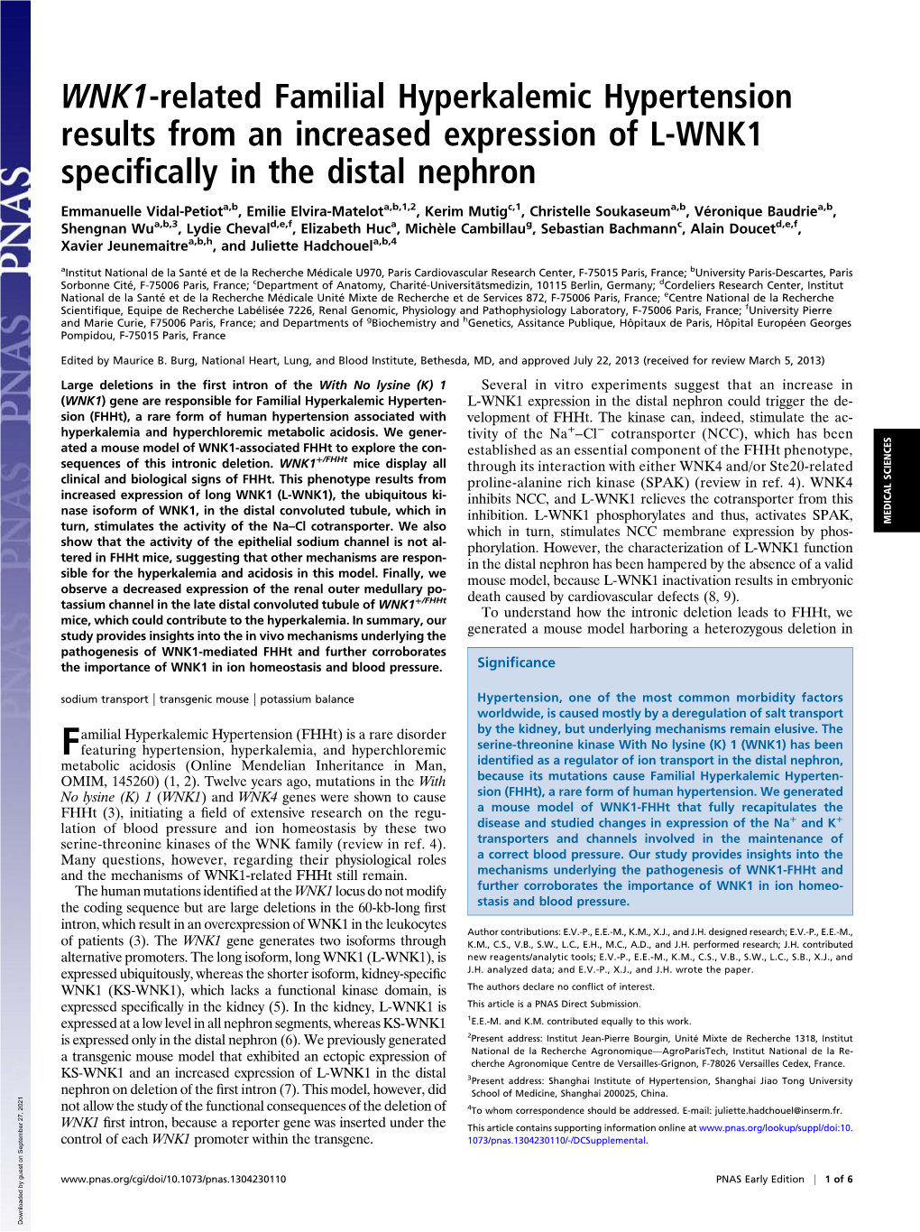 WNK1-Related Familial Hyperkalemic Hypertension Results from an Increased Expression of L-WNK1 Speciﬁcally in the Distal Nephron