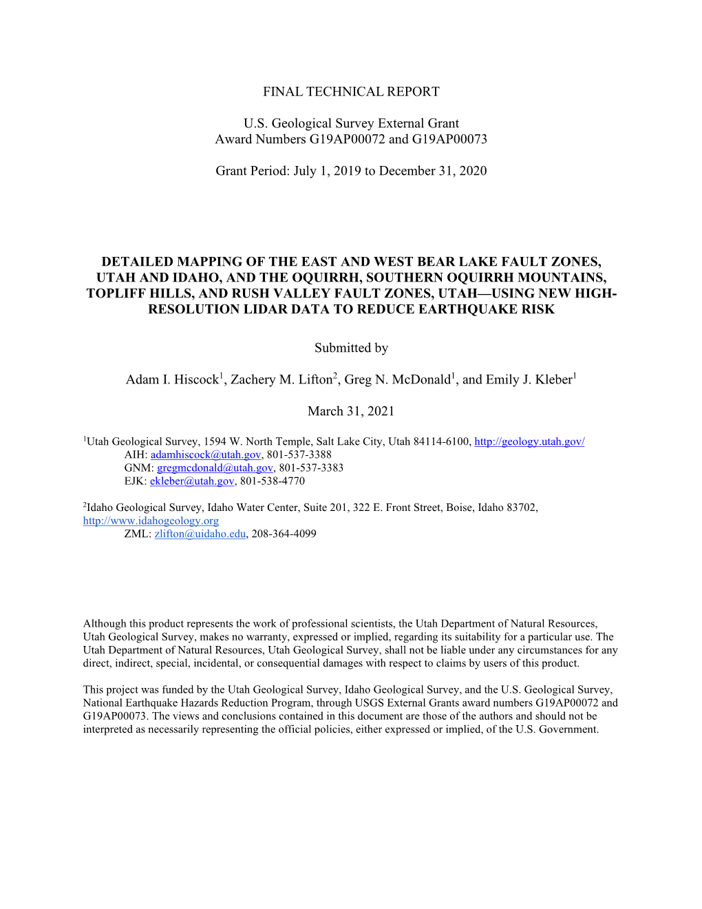 FINAL TECHNICAL REPORT U.S. Geological Survey External Grant