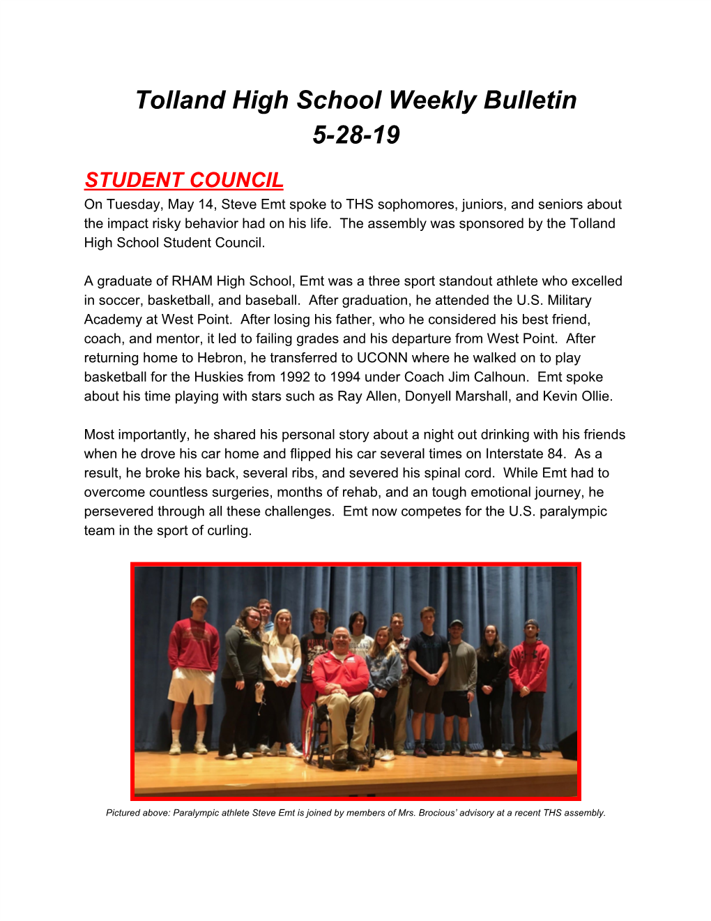 Tolland High School Weekly Bulletin 5-28-19