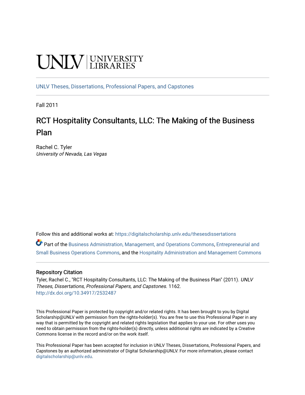 RCT Hospitality Consultants, LLC: the Making of the Business Plan
