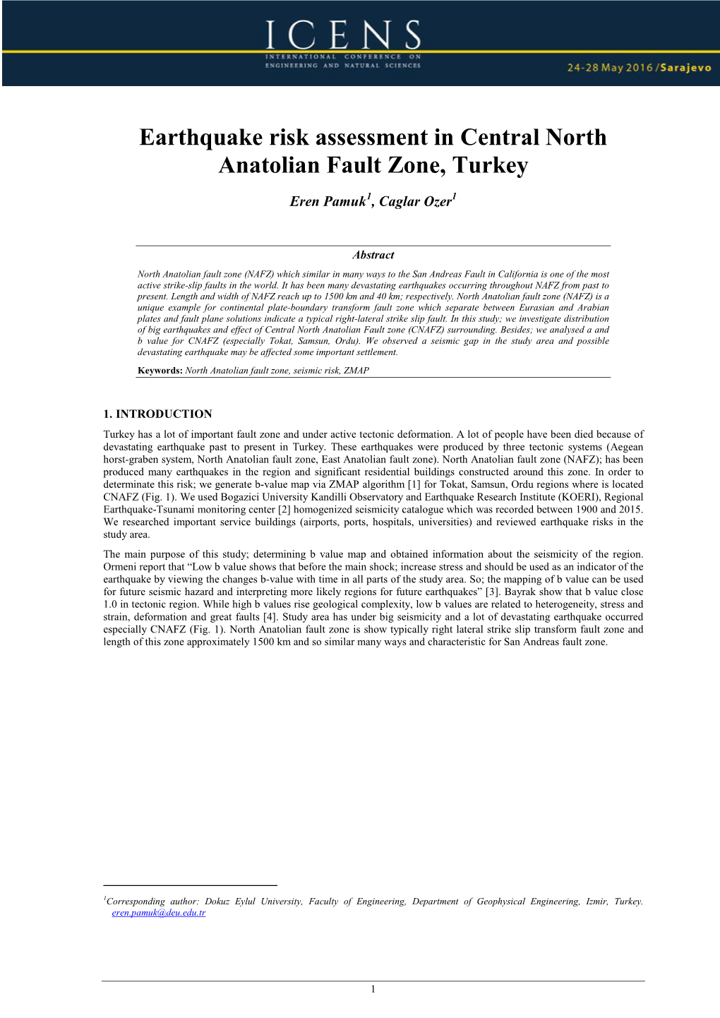 Earthquake Risk Assessment in Central North Anatolian Fault Zone, Turkey