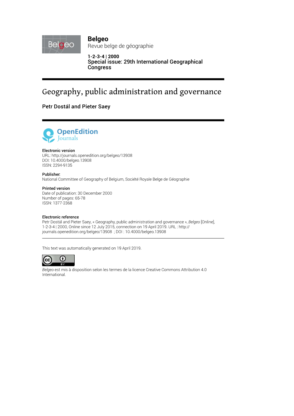 Geography, Public Administration and Governance