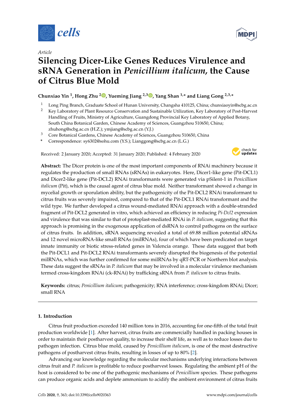 Silencing Dicer-Like Genes Reduces Virulence and Srna Generation in Penicillium Italicum, the Cause of Citrus Blue Mold