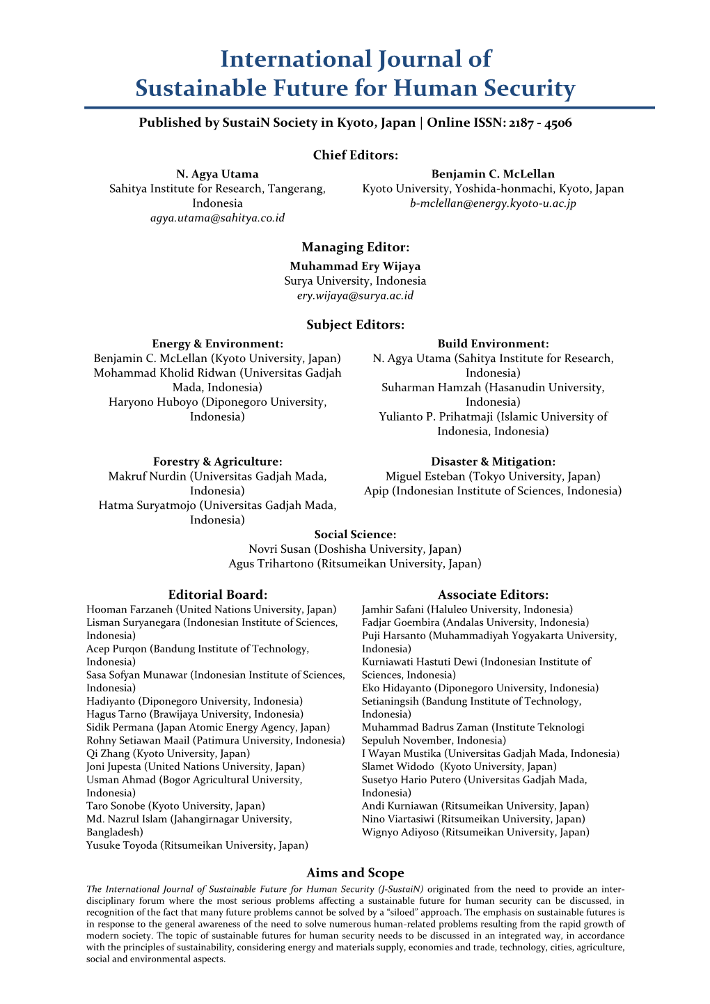 International Journal of Sustainable Future for Human Security Published by Sustain Society in Kyoto, Japan | Online ISSN: 2187 - 4506