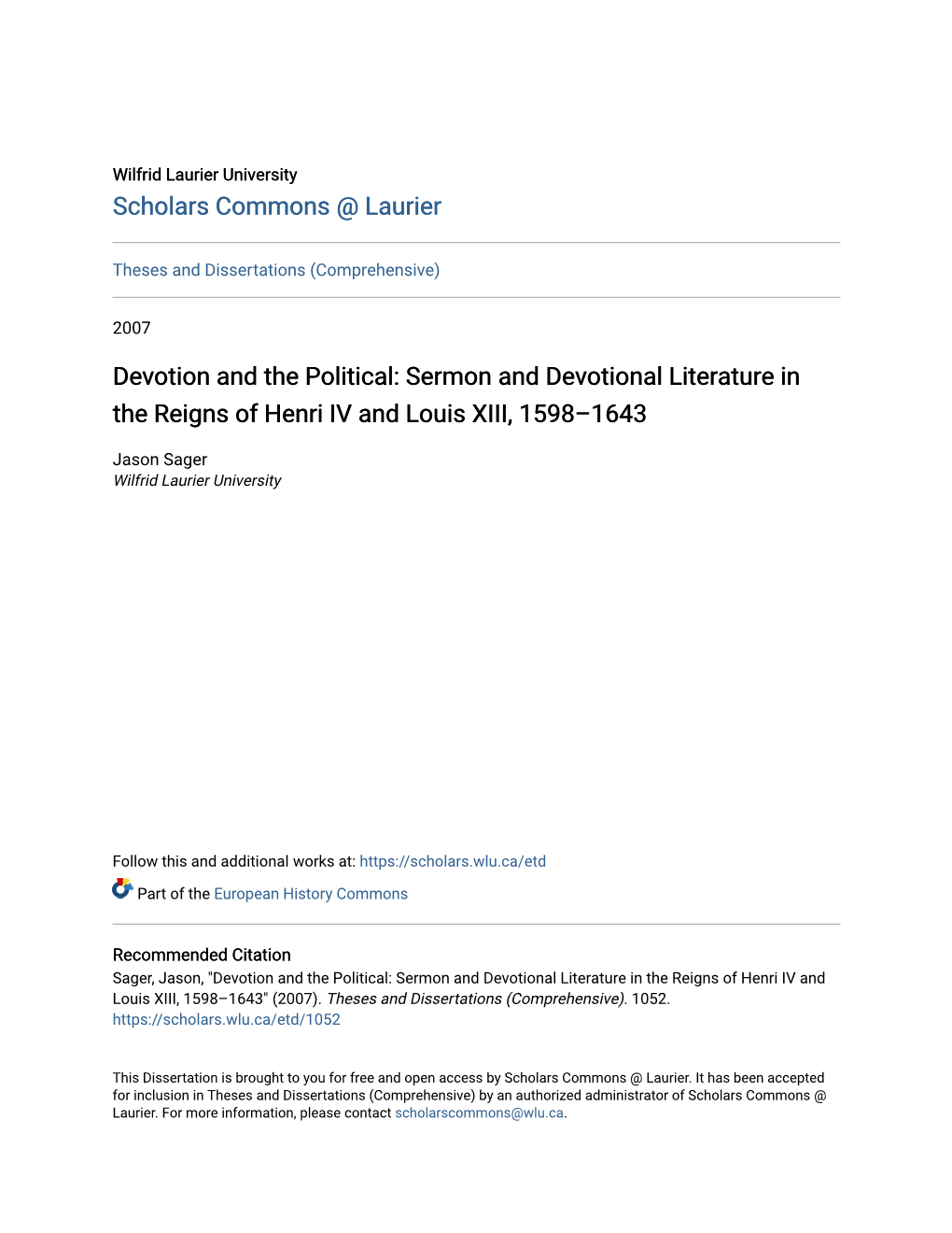 Devotion and the Political: Sermon and Devotional Literature in the Reigns of Henri IV and Louis XIII, 1598–1643