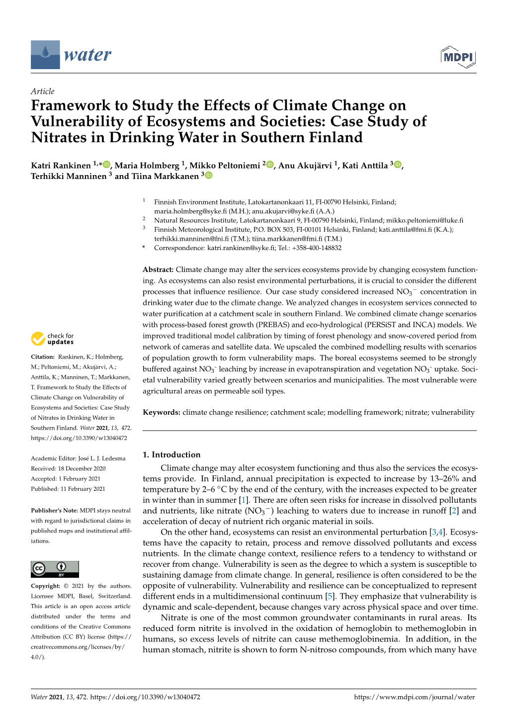 Framework to Study the Effects of Climate Change on Vulnerability of Ecosystems and Societies: Case Study of Nitrates in Drinking Water in Southern Finland