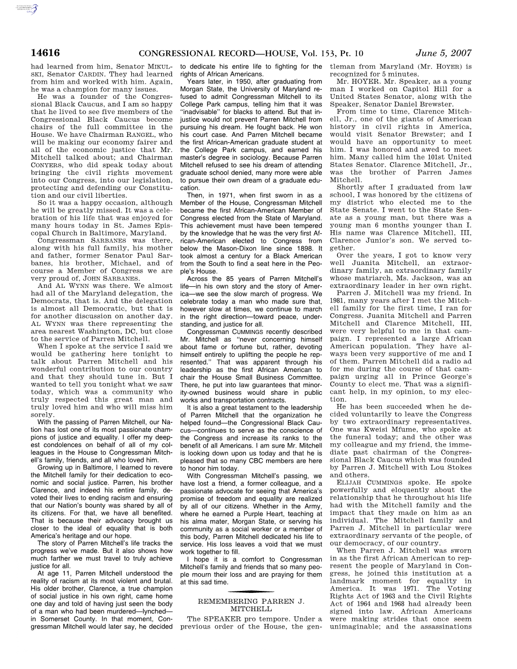 CONGRESSIONAL RECORD—HOUSE, Vol. 153, Pt. 10 June 5, 2007