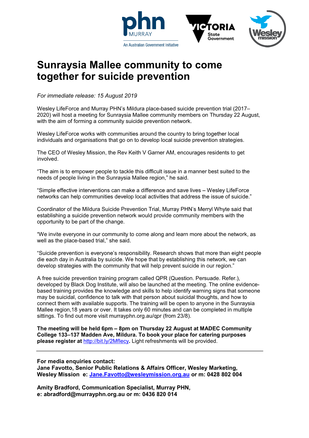 Sunraysia Mallee Community to Come Together for Suicide Prevention