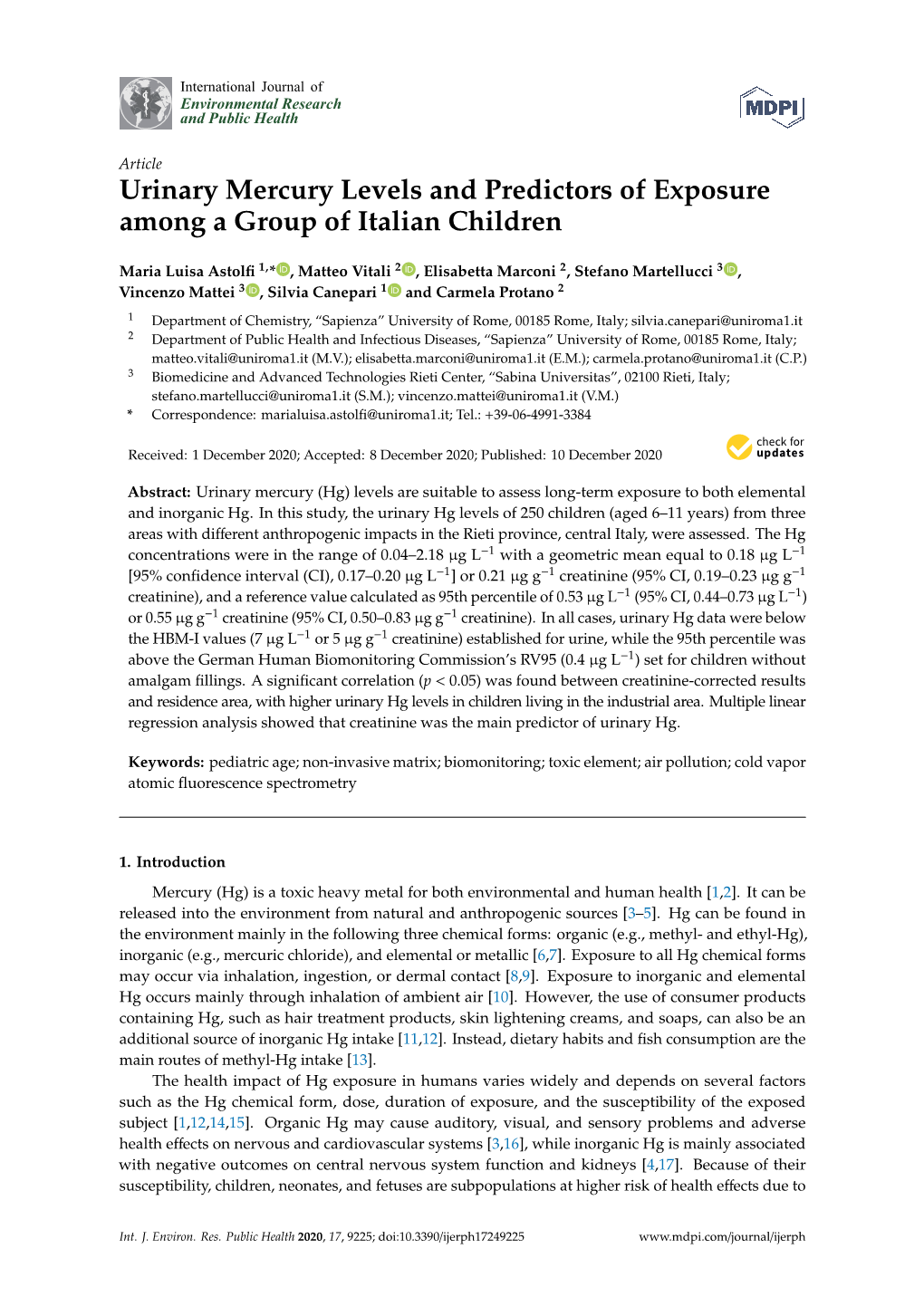 Urinary Mercury Levels and Predictors of Exposure Among a Group of Italian Children