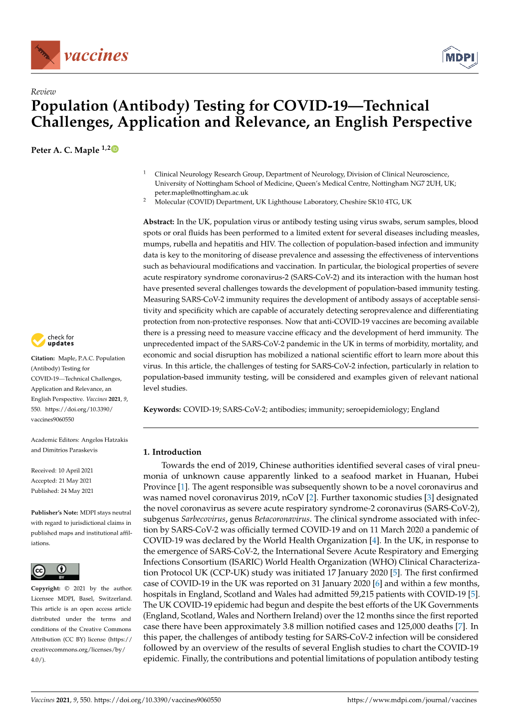 Population (Antibody) Testing for COVID-19—Technical Challenges, Application and Relevance, an English Perspective